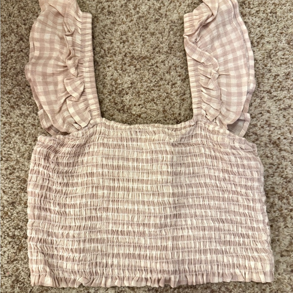 Pink Gingham Ruffle Strap Top